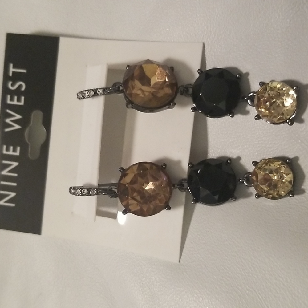 Nine West Rhinestones & Jewels Dangling Earrings; Black Pewter Clear White; NWT
